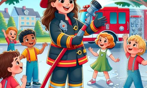Clara, une femme pompier souriante, porte un grand casque rouge et une veste brillante. Elle montre aux enfants comment utiliser une lance à eau, avec des éclaboussures d'eau autour d'elle, exprimant de la joie. Léo, un garçon de 7 ans, se tient à sa droite, tenant une lance à eau avec précaution. À gauche, Mia, une fille de 6 ans, regarde avec admiration, riant et sautillant sur place. La scène se déroule dans un parc ensoleillé, avec des arbres et des fleurs colorées. En arrière-plan, un camion de pompier rouge est garé, entouré d'enfants captivés par la démonstration de Clara. La situation illustre l'enseignement de la sécurité tout en s'amusant avec l'eau, créant une ambiance joyeuse et éducative.