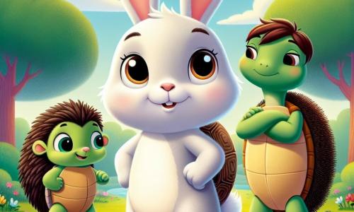 Au centre de l'image, Joyeux, un petit lapin à la fourrure blanche, se tient debout sur ses pattes arrière, affichant détermination et courage. À sa droite, Benjamin le hérisson, avec un sourire amical, l'encourage avec une patte levée. En arrière-plan, Lily la tortue, observant avec bienveillance, affiche une expression de sagesse. La scène se déroule dans une prairie ensoleillée, pleine de fleurs et de grands arbres, sous un ciel bleu avec des nuages blancs. Joyeux prend la parole pour parler du harcèlement qu'il a subi, tandis que Benjamin et Lily l'écoutent attentivement, prêts à le soutenir.
