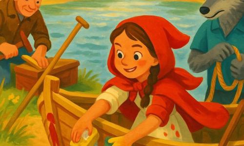 Le Petit Chaperon rouge, tresse brune et cape rouge vif, sourit déterminée en frottant la coque d'une barque restaurée, robe crème tachée de peinture et mains savonneuses; le passeur âgé, visage ridé et béret brun, cloue doucement une planche sur la rive en regardant la fillette; le loup anthropomorphe gris, lunettes rondes, tient une corde et aide maladroitement de l'autre côté; la barque au centre, bois brossé encore humide avec une proue peinte d'un petit chaperon, corde enroulée et une rame appuyée; rive herbeuse aux joncs dorés, eau argentée miroitante, outils et chiffon; scène collective de mise à l'eau aux gestes coopératifs, palette gouache chaleureuse et lumière douce du matin, textures de pinceau et éclaboussures d'eau.
