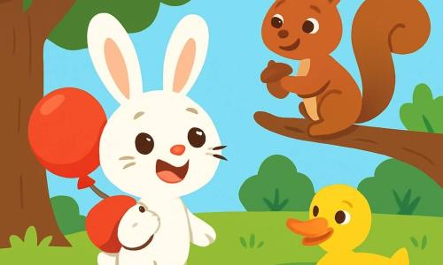 Petit Lapin, un adorable lapin aux grandes oreilles et à la fourrure blanche, se tient debout sur ses pattes arrière, les yeux brillants d'excitation et un sourire joyeux. Il tient un ballon rouge dégonflé sur son dos, prêt à partir à l'aventure. À côté de lui, Écureuil, un petit rongeur aux poils bruns et à la queue touffue, est assis sur une branche, grignotant une noisette. Un peu plus loin, Canard, un canard jaune aux plumes brillantes, nage dans l'étang, prêt à aider ses amis. La scène se déroule dans une clairière ensoleillée, entourée d'arbres verts et de fleurs colorées, avec un ciel bleu clair. Petit Lapin et ses amis enquêtent pour retrouver le propriétaire du ballon rouge, échangeant des idées et des rires dans une ambiance joyeuse.