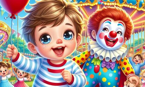 Léo, un petit garçon de 2 ans avec des cheveux bruns en bataille et des yeux pétillants, tient un ballon rouge et sourit largement en dansant au carnaval. À ses côtés, un clown d'environ 30 ans, portant un grand nez rouge et un costume coloré, fait des grimaces tout en tenant un bouquet de ballons multicolores. En arrière-plan, une tente colorée est décorée de guirlandes lumineuses et de drapeaux, avec des fées dansantes en robes scintillantes. La scène se déroule dans un parc animé avec des jeux, des manèges et des rires d’enfants, créant une atmosphère festive et magique. Léo s’amuse avec le clown, entouré de ses amis.