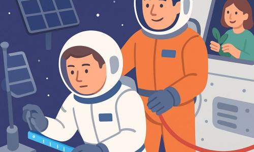 Un astronaute d’une trentaine d’années, visage rond et cheveux bruns visibles sous son casque entrouvert, mesure une vis sur une antenne spatiale avec une petite règle lumineuse bleue pendant qu’un collègue d’environ 35 ans en combinaison orange le sécurise avec une corde d’attache, visage rassurant ; une jardinière d’environ 28 ans apparaît sur un petit écran en touchant une feuille dans un pot ; scène extérieure d’un vaisseau blanc et gris avec panneaux solaires bleu foncé, Terre ronde en arrière-plan et étoiles, sortie spatiale prudente et collaborative aux gestes lents, outils lumineux et repères jaune et rouge, formes simples et couleurs douces et contrastées pour la lisibilité enfantine.
