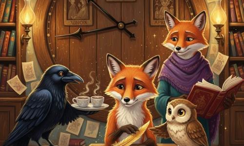 Un renard roux svelte, pelage lustré et regard curieux, est assis à une petite table en bois, la patte posée sur une plume d’or brillante qu’il tient délicatement; une jeune chouette crème et brune, yeux écarquillés et sourire malicieux, se tient sur son épaule et pointe la plume du bout de l’aile; Madame Sélène, renarde âgée au châle violet et au regard bienveillant, se tient debout derrière la table, une patte sur un grand livre ouvert; un corbeau serveur noir au bec luisant apporte un plateau avec deux tasses de chocolat fumant; en arrière-plan, une immense horloge murale en bois foncé occupe la moitié du mur, avec les mots « AVANT — MAINTENANT — APRÈS » gravés à la place des chiffres; l’intérieur du café est chaleureux (plancher en lattes, lampes à huile dorées, étagères remplies de livres et papiers flottants); la plume d’or scintille comme une étoile, laissant des traces dorées et une fine lueur autour des personnages; atmosphère douce et animée, gestes prudents et décision en suspens; style peinture acrylique, coups de pinceau visibles, couleurs riches et contrastées (rouges chauds, bruns profonds, dorés, touches de violet et bleu nuit).