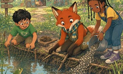 Un renard anthropomorphe roux au pelage brillant et taches blanches, portant une écharpe à rayures et un sac en tissu, agenouillé au bord d’une mare en train de stabiliser la berge avec une branche ; à sa droite une petite fille à la peau foncée et cheveux tressés verse des cailloux d’un seau, à sa gauche un garçon aux lunettes rondes enfonce un vieux filet pour abriter des grenouilles ; deux grenouilles vertes sur des nénuphars observent la scène dans l’eau peu profonde. La mare, à la lisière d’une forêt claire, présente eau légèrement boueuse, nénuphars, roseaux, berges terreuses et racines, quelques fleurs sauvages et un chemin herbeux menant au village où l’on aperçoit une boutique de seconde main et un grand chêne sous un ciel matinal aux rayons dorés. Scène collective et apaisée de réparation de la mare, gestes calmes, outils simples, palette pastel chaude, contours doux, vue légèrement plongeante centrée sur le renard.