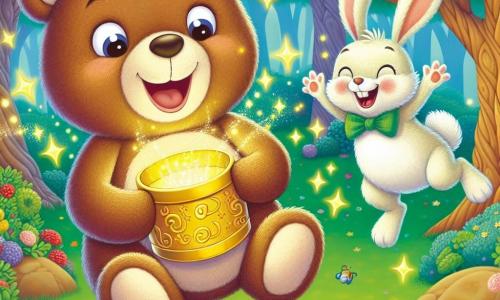Barnabé, un ours en peluche doux et rond avec un pelage brun et des yeux curieux, flotte dans les airs, souriant et tenant une petite boîte dorée. À ses côtés, Georges le lapin, malicieux avec ses grandes oreilles et son pelage blanc, rit en essayant de toucher la boîte magique. La scène se déroule dans une forêt enchantée où les arbres aux troncs tordus dansent au rythme d'une douce mélodie, entourés de fleurs colorées. Barnabé et Georges s'amusent à découvrir les effets magiques de la boîte, tandis que des éclats de poussière scintillante tourbillonnent autour d'eux, créant une atmosphère féerique.