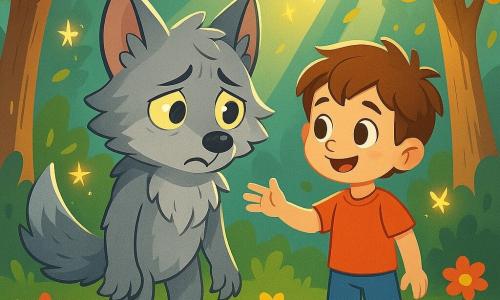 Un loup-garou aux yeux brillants et au pelage argenté, avec une expression triste et inquiète, se tient au centre d'une clairière. Il cherche sa meute. À ses côtés, un petit garçon de 8 ans nommé Tom, avec des cheveux châtains en bataille et un sourire amical, tend la main vers lui pour lui offrir de l'aide. Tom porte un t-shirt rouge et un short bleu, debout sur l'herbe verte entourée de fleurs colorées. La clairière est ensoleillée, entourée d'arbres majestueux aux feuilles dorées, tandis que des fées scintillantes volent autour d'eux. La scène montre Tom réconfortant le loup-garou perdu, sous des rayons de lumière filtrant à travers les branches, créant une ambiance chaleureuse.