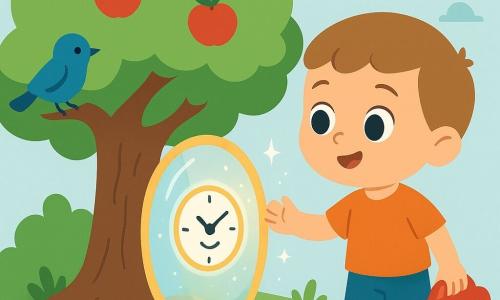 Un garçon de 4 ans, visage rond, cheveux châtain clair courts, grands yeux brillants et expression émerveillée, tient une petite voiture rouge dans la main droite et tend l'autre main vers une porte-bulle brillante appuyée contre le tronc d'un pommier; Tic-Tac, petite bulle lumineuse transparente au cadran d'horloge souriant, flotte près de la porte en émettant des ondes scintillantes; un petit oiseau bleu est perché sur une branche basse à gauche et regarde le garçon; le pommier, au centre, a un tronc court, un feuillage en nuages, quelques pommes rouges et une grosse racine où se tient l'enfant; le sol est une pelouse verte avec quelques fleurs jaunes et un ciel pastel en arrière-plan; la porte-passage est translucide avec reflets arc-en-ciel et bord doré, elle pulse légèrement; la scène montre le garçon hésitant et émerveillé, respectueux et curieux, la voiture rouge visible, l'oiseau et Tic-Tac comme témoins amicaux dans une ambiance calme et magique.
