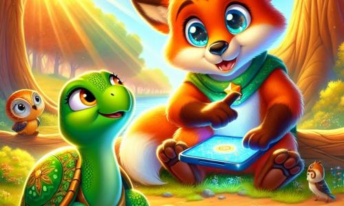 Léo, un jeune renard roux aux yeux pétillants, est assis sur un tronc d’arbre avec sa tablette. À côté de lui, Madame Tortue, une tortue sage avec une carapace verte et dorée, lui montre un grand panneau coloré sur les écrans, avec une expression encourageante. La scène se déroule dans une clairière ensoleillée, entourée d’arbres aux feuilles dorées et de fleurs sauvages, où des oiseaux chantent. Léo écoute Madame Tortue expliquer les effets des écrans sur les yeux des animaux, tandis que d'autres amis de la forêt, comme des hiboux et des écureuils, se rassemblent autour d'eux, curieux.