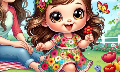 Une petite fille d'un an, avec de grands yeux brillants et des cheveux bouclés châtains, sourit en sautillant dans un jardin fleuri. Elle porte une robe colorée à motifs floraux et tient une petite fleur rouge. À côté, sa maman d'environ 30 ans, avec des cheveux longs et lisses, vêtue d'un t-shirt léger et d'un jean, l'observe avec tendresse, assise sur une couverture de pique-nique. Le jardin est rempli de fleurs éclatantes : tulipes rouges, jonquilles jaunes et marguerites blanches, sous un ciel bleu clair avec quelques nuages. La petite fille joue à une chasse au trésor, cherchant des fleurs et des cailloux, tandis qu'un papillon coloré vole autour d'elle, ajoutant une touche de magie à cette scène printanière.