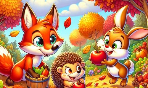 Dans un jardin coloré en automne, un renard nommé Félix, avec un pelage roux et des yeux pétillants, ramasse des feuilles dorées. Il sourit, émerveillé par les couleurs vives. À ses côtés, Pierre le hérisson ramasse des pommes rouges, concentré mais heureux. Léa la lapine, aux grandes oreilles blanches, saute joyeusement près d'eux avec une carotte. Le jardin est rempli d'arbres aux feuilles flamboyantes et de fruits mûrs, créant une atmosphère chaleureuse. La scène montre Félix, Pierre et Léa préparant leur jardin pour l'hiver, riant et partageant des histoires, entourés de la beauté de l'automne.