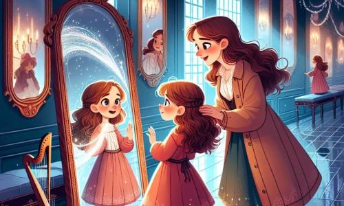 Éloïse, une jeune femme aux yeux pétillants et aux cheveux châtains ondulés, se tient devant un miroir magique dans la Galerie des Miroirs. Elle exprime une curiosité émerveillée en touchant la surface du miroir, où des reflets scintillants dansent. À ses côtés, Lila, une musicienne d’environ 25 ans, joue de sa petite harpe, ses doigts caressant les cordes, tout en souriant à Éloïse. La galerie est enchantée, avec des murs en verre poli et des miroirs entourés de lierre argenté, créant une atmosphère magique. Éloïse et Lila chantent ensemble, unissant leurs voix pour révéler la vérité, tandis qu'un fil de lumière émerge du miroir, illuminant un chemin à retrouver.