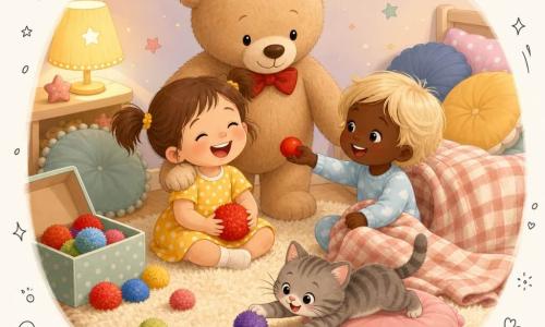 Quatre personnages : Léa, 4 ans, cheveux bruns en couettes, robe jaune à pois blancs, assise à gauche sur le tapis, tient un pompon rouge et rit ; Mia, 3 ans, cheveux blonds courts, pyjama bleu ciel, assise à droite sous une couverture, tend un nez de clown en mousse et sourit ; Monsieur Nounours, grand nounours beige à nœud papillon rouge, debout derrière elles, patte sur l’épaule de Léa ; un petit chat gris rayé, couché sur un coussin rose devant elles, bondit vers un pompon. Lieu : chambre d’enfant chaleureuse avec tapis crème moelleux, murs pastel étoilés, petite lampe jaune, boîte ouverte de pompons colorés, coussins ronds et couverture à carreaux. Situation : les filles rient en jouant tandis qu’une pluie de pompons tombe de la boîte ; Nounours veille protecteur ; le chat joue ; ambiance calme, joyeuse, aux couleurs chaudes et formes rondes.