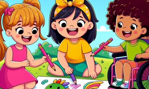 Trois filles joyeuses sont assises sur l'herbe d'un parc ensoleillé. À gauche, Lila, 7 ans, porte une robe rose et dessine avec un crayon. Au centre, Zoé, 8 ans, avec des cheveux bouclés et un t-shirt jaune, trace des ailes colorées pour leur dragon. À droite, Clara, 7 ans, souriante dans un fauteuil roulant, ajoute des bonbons sur le dessin. Le parc est rempli de fleurs multicolores, de grands arbres et d'un ciel bleu. Les filles créent un dragon joyeux avec des bonbons sur ses ailes, riant et célébrant leur amitié à travers leur dessin.
