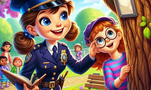 Clara, une policière souriante en uniforme bleu marine, se tient à côté d'un grand chêne dans un parc fleuri. Elle est joyeuse et déterminée, prête à résoudre un mystère. À ses côtés, Pauline, une petite fille de 8 ans avec des lunettes rondes et des cheveux châtains en couettes, observe un message accroché à l'arbre. Derrière elles, un groupe d'enfants âgés de 7 à 9 ans les regarde, certains avec des crayons et des carnets. Le parc verdoyant est rempli de fleurs et de bancs en bois, avec une fontaine éclaboussant doucement. Tous se penchent vers le chêne, curieux de découvrir le secret du message.
