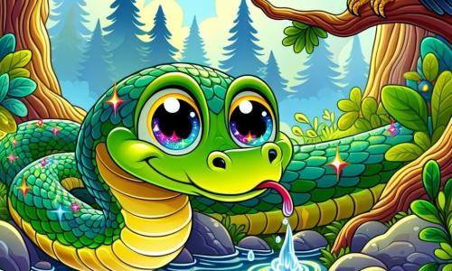 Un serpent nommé Serpy, aux écailles vertes et dorées, avec de grands yeux curieux et un sourire rêveur, se penche au-dessus d'une rivière scintillante. Il semble émerveillé, comme s'il venait de découvrir un trésor caché. À côté, un corbeau noir aux plumes brillantes, amical et curieux, se perche sur une branche, observant Serpy. La scène se déroule dans une forêt luxuriante, avec des arbres majestueux et des fleurs colorées. Serpy boit de l'eau de la rivière mystique, prêt à réaliser ses rêves, tandis que le corbeau l'encourage avec admiration.