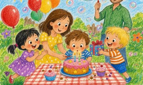 Léo, 2 ans, cheveux châtains, souffle les bougies d'un petit gâteau rose à deux bougies, sourire émerveillé; Mia, ~3 ans, cheveux noirs en couettes, tient un ballon rouge et applaudit; Lou, ~3 ans, cheveux blonds, tend un cadeau coloré; la maman en robe jaune à pois guide la bougie, le papa en chemise verte souffle une grosse bulle de savon; jardin ensoleillé avec pelouse, table à nappe à carreaux et ballons, bulles translucides, ambiance joyeuse et couleurs vives, style crayons enfantins.