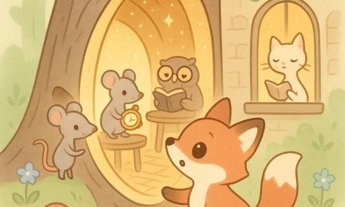 Rémy, petit renard roux au ventre blanc et air émerveillé, pénètre dans un passage temporel lumineux creusé dans un grand tronc fendu d’où s’échappe une lumière dorée et un tunnel de poussière d’étoiles menant à une rue pavée et un café littéraire cosy ; derrière lui, une petite souris grise tient une montre à engrenages dorée posée sur une table, un hibou aux lunettes feuillette un livre assis dans le café à gauche, et une chatte élégante au pelage crème récite un poème sur un rebord à droite ; clairière verdoyante aux herbes et fleurs bleues, couleurs chaudes pour le tunnel et verts/bruns doux pour la forêt, textures simples et formes arrondies, ambiance douce et pleine d’émerveillement.