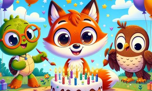 Un petit renard nommé Rémi, au pelage flamboyant et aux yeux malicieux, est au centre de l'image, souriant entouré de ballons colorés et d'un gâteau décoré de bougies. À sa droite, le hibou Henri, avec de grandes lunettes rondes et des plumes marron, tient une pancarte « Joyeux Anniversaire » ; il est heureux. À gauche, la tortue Tina, avec une carapace verte et des lunettes de soleil, peint une pancarte, concentrée mais joyeuse. Le décor est une cour d'école en pleine nature, avec des arbres, des fleurs colorées et un ciel bleu. Rémi découvre la surprise de ses amis, prêts à célébrer son anniversaire avec joie.