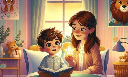 Un petit garçon de 2 ans, Lucas, avec des cheveux bruns en désordre et de grands yeux curieux, est assis sur son lit, affichant une expression d'inquiétude mêlée d'espoir. Il tient une veilleuse en forme d'étoile diffusant une douce lumière dorée. À ses côtés, sa maman, une femme d'une trentaine d'années avec des cheveux longs et châtains, lui sourit tendrement tout en lui lisant un livre d'histoires. La chambre est décorée de murs pastel, de posters d'animaux et de jouets éparpillés. Une lumière lunaire filtre par la fenêtre, ajoutant une touche magique. Lucas, un peu nerveux, est réconforté par sa maman qui lui lit l'histoire d'un lion courageux, Léo, surmontant sa peur du noir, tandis que la veilleuse crée une ambiance apaisante.