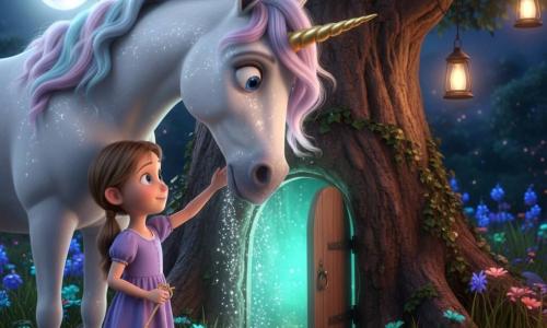 Une licorne blanche au pelage nacré et à la corne spirale dorée, crinière rose pâle et bleue, yeux brillants et expression émerveillée, penche la tête pour donner un doux coup de museau à une fillette de six ans aux couettes châtain clair, robe lavande, sourire timide; elle la caresse d’une main et tient de l’autre une petite clé en forme de licorne, devant une porte en bois ronde, incrustée dans un vieux tronc et entrouverte, laissant filtrer une lumière turquoise et des particules scintillantes dans un jardin nocturne d’herbes hautes, fleurs phosphorescentes et lanternes suspendues — scène calme et magique au clair de lune, perspective rapprochée montrant expressions et textures.