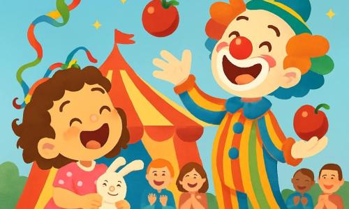 Une petite fille de 2 ans, Zoé, avec de grands yeux pétillants et des cheveux bouclés, sourit en tenant son doudou Lapin sous le bras. Elle porte une robe rose à pois blancs et des chaussures jaunes. À côté, un clown joyeux jongle avec des pommes, riant de manière exagérée, vêtu d'un costume à rayures. En arrière-plan, un chapiteau de cirque rouge et jaune se dresse sous un ciel bleu, entouré de lumières scintillantes. Des spectateurs applaudissent avec enthousiasme. La scène montre Zoé, émerveillée, riant alors qu'un ruban coloré s'envole et tombe sur sa tête, créant un moment magique au cœur du cirque.