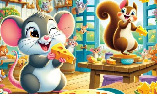 Minette, une petite souris grise aux grandes oreilles et aux yeux curieux, se tient joyeusement au centre, tenant un morceau de fromage avec un sourire. À côté, Émile, un écureuil brun à la queue touffue, jongle avec des morceaux de fromage sur une branche, affichant une expression amusée. La scène se déroule dans une ferme colorée avec une cuisine en bois rustique, des rayons de soleil illuminant des pots de fleurs et des ustensiles. Sur la table, des plats de fromage entourés d'animaux joyeux comme des poules et des vaches dansent et chantent. Minette et Émile organisent une grande fête du fromage avec leurs amis animaux, créant une atmosphère festive et chaleureuse.