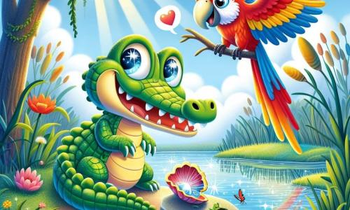 Capitaine Croco, un crocodile aux écailles vertes et aux yeux brillants, se tient sur une branche au-dessus d'un marais, souriant curieusement. À côté de lui, Pipo le Perroquet, un oiseau coloré, bat des ailes avec enthousiasme, prêt à s'envoler. Le marais est magique, avec des roseaux, des fleurs éclatantes et une eau claire réfléchissant le ciel. Des rayons de soleil créent des éclats de lumière. Capitaine Croco et Pipo découvrent un coquillage scintillant sur une pierre, émettant une douce mélodie les invitant à l'aventure.