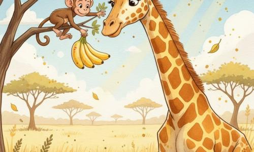 Une girafe bienveillante au long cou tacheté de jaune et brun penche la tête pour montrer des bananes hautes à Sacha, un petit singe marron clair perché sur une branche d'acacia; la savane dorée, herbes hautes et ombrelles d'acacia sous un ciel bleu ponctué de nuages, baigne la scène de rayons chauds tandis que feuilles et fleurs tombent doucement, composition centrée, tons doux et contrastes chaleureux.