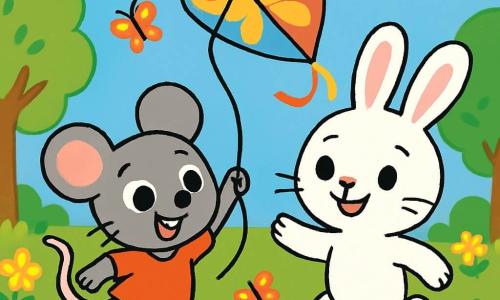 Léa, une petite souris grise aux grands yeux brillants et aux oreilles rondes, est pleine d'excitation. Elle court sur l'herbe verte, tenant un cerf-volant en forme de papillon, son visage rayonnant de joie. Max, un lapin blanc aux grandes pattes, se tient à côté d'elle, souriant avec détermination. Le décor est un jardin ensoleillé, rempli de fleurs colorées, d'arbres verdoyants et d'un ciel bleu clair. Léa et Max courent ensemble, tirant le cerf-volant qui s'élève dans le ciel, tandis que des papillons dansent autour d'eux, créant une scène joyeuse.