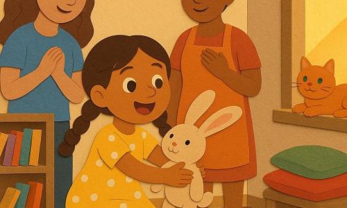 Lila, 4 ans, cheveux bruns en deux nattes, robe jaune à pois blancs, s’agenouille et tend les bras pour attraper son doudou lapin beige caché derrière un gros livre sur l’étagère; Zoé, ~8 ans, cheveux longs châtain, t-shirt bleu, applaudit à gauche près du tapis; la maman, trentaine, cheveux en chignon et tablier orange, main sur le cœur près de la porte de la cuisine à droite; le chat roux Pompon aux yeux verts dort au soleil sur le rebord de la fenêtre; salon chaleureux avec grand tapis coloré, étagère basse en bois remplie de livres illustrés, coussins, rayon de soleil et jouets éparpillés; scène lumineuse centrée sur la découverte et l’étreinte du doudou, couleurs vives, formes simples découpées en papier, texture douce et ombres légères.