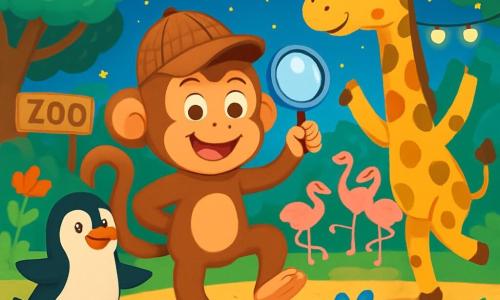 Minette, une petite guenon espiègle au pelage brun clair et aux yeux curieux, danse joyeusement lors d'une fête animalière, souriante. Elle porte une casquette de détective et tient une loupe en plastique. À ses côtés, Lili, la girafe tachetée, danse en levant ses pattes avant, tandis qu'Oscar, le pingouin noir et blanc, glisse sur le sol. Le décor est un jardin de zoo vibrant, rempli de fleurs colorées, d'arbres verdoyants et de guirlandes lumineuses. Au fond, des flamants roses dansent en cercle, ajoutant de la magie à la scène. Minette et ses amis participent à un concours de danse joyeux, entourés d'animaux amusés sous un ciel étoilé.