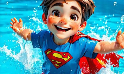 Arthur, un garçon de 10 ans aux cheveux châtains en bataille et au sourire rayonnant, flotte joyeusement dans une piscine, portant un t-shirt bleu et un short rouge. À ses côtés, Clara, une fille de 9 ans aux cheveux longs et bouclés, rit en tenant un anneau de piscine. Maxime, le kinésithérapeute, les encourage depuis le bord de la piscine. L'endroit est lumineux, avec des murs carrelés de bleu clair et des jouets flottants colorés. Arthur et ses amis jouent à un jeu de trésor sous-marin, ramassant des anneaux colorés au fond de l'eau, créant une atmosphère joyeuse et énergique.