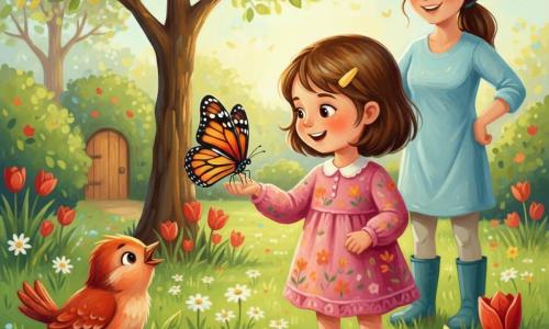 Léa, 4 ans, souriante et émerveillée, cheveux châtains courts avec une barrette jaune, robe à fleurs rose et bottes vertes, tend la main vers un grand papillon monarque orange, noir et blanc posé à demi-déployé sur sa paume ; sa maman d’environ 30 ans, cheveux longs attachés et tenue bleu clair, sourit en restant en retrait, main sur la hanche ; une coccinelle rouge à points noirs se promène sur une feuille près du seau jaune de Léa, un petit oiseau roux chante perché sur une branche à gauche ; jardin printanier lumineux avec herbe verte, tulipes rouges, pâquerettes blanches, jonquilles jaunes, arbre en bourgeons et petite porte en bois cachée derrière un buisson ; moment magique et calme centré sur Léa et le papillon, couleurs chaudes et contrastées, lumière douce du matin, traits ronds et textures épaisses de peinture acrylique.