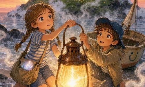 Lila, 8 ans, regard déterminé mais tremblant, yeux noisette, cheveux châtain clair en deux tresses, t-shirt rayé bleu et blanc, et Malo, 8 ans, expression courageuse et anxieuse, casquette trop grande mouillée, veste beige, s’accroupissent sur le sable brillant d’une petite île ronde pour pousser ensemble les poignées d’une grande lanterne en cuivre pendant qu’une minuscule flamme grandit en une lumière dorée chassant la brume argentée ; dans la poche ouverte du sac de Lila, Orlin, un petit coquillage nacré, luit doucement, la barque Brindille est accostée derrière eux, rochers noirs et herbe tachetée de fleurs jaunes entourent la baie sous un ciel crépusculaire orange-rose, atmosphère pastel, bois et métal patinés, nacre brillante et lumière rayonnante contrastant avec la brume froide.