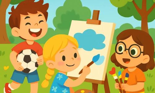 Il y a trois enfants : Léo, un garçon de 8 ans avec des cheveux bruns en bataille et un t-shirt rouge, riant avec un ballon de foot ; Emma, une fille de 7 ans avec des cheveux blonds tressés et une robe bleue à fleurs, assise sur l'herbe en train de peindre un ciel sur une toile ; et Mila, une fille de 6 ans avec des cheveux châtains et des lunettes rondes, debout à côté d'Emma avec des pinceaux colorés, admirant son dessin. L'action se déroule dans un jardin ensoleillé avec des fleurs multicolores et une pelouse bien entretenue, où une petite table de pique-nique est visible au fond. Les enfants s'amusent, Léo jouant au foot tandis qu'Emma et Mila peignent, tous souriants et entourés de la nature, prêts pour une journée d'aventures.