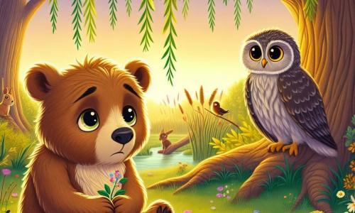 Au centre de l'image, un jeune ours brun nommé Oscar, assis sous un saule, tient une petite fleur colorée, symbole de son amitié perdue. Son regard exprime mélancolie et espoir. À côté, Naya, une chouette sage, l'observe avec compassion, ses ailes ouvertes comme pour offrir un câlin. En arrière-plan, la clairière de la forêt de Chênaie est illuminée par le soleil couchant, créant une ambiance paisible. D'autres animaux, tels que des lapins et des écureuils, écoutent en silence. Oscar se souvient de son ami Malo, perdu, tout en partageant un moment de recueillement sous le saule.