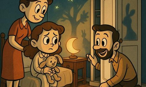 Fille de 6 ans anxieuse mais curieuse, visage rond, grands yeux brillants, serre un doudou beige et la lampe en forme de lune sur sa table de nuit; mère ~32 ans, douce, cheveux bruns attachés, main sur l'épaule de la fillette, debout à gauche du lit avec un sourire rassurant; père ~34 ans, barbe courte, agenouillé près du tapis, ouvre doucement la porte de placard blanche entrouverte pour montrer qu'elle est vide; petite chambre cosy aux murs bleu nuit, étoiles phosphorescentes au plafond, étagère de livres colorés et tapis rayé; la lampe projette un halo doré qui crée des ombres évoquant arbres et animaux mais inoffensives; ambiance réconfortante, couleurs chaudes contrastant avec le bleu nuit.