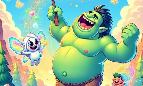 Dans un paysage féerique, un grand ogre nommé Gérard, avec une peau verte et des cheveux en brouillard, sourit joyeusement en tenant une cuillère géante. À ses côtés, Grignote, un petit bonhomme aux bras longs, saute avec enthousiasme en portant un chapeau en forme de champignon. Florelle, une petite fée aux ailes multicolores, vole autour d’eux en lançant des paillettes. La scène se déroule au sommet de la Montagne Grondeuse, entourée de fleurs lumineuses et d’arbres étranges, sous un ciel bleu avec un arc-en-ciel. Ils jouent à un jeu amusant où Gérard lance des boules de coton avec sa cuillère, créant une atmosphère de rires et de joie, illustrant leur belle amitié.