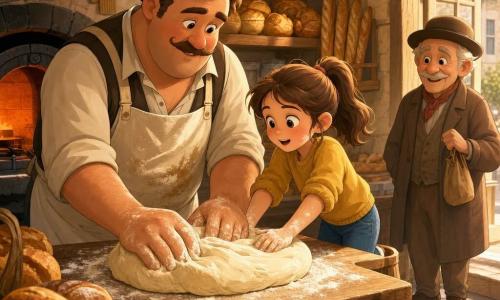 Paul, boulanger grand et robuste au visage rond et moustache fine, en tablier blanc farineux, pétrit une grosse pâte moelleuse sur une table en bois avec un sourire chaleureux; Lina, environ 8 ans, cheveux bruns en queue de cheval, debout sur un marchepied, les mains farinées posées sur la pâte, regarde émerveillée; Monsieur Robert, voisin d'environ 65 ans en chapeau rond et manteau brun, sourit en se tenant près de la porte avec un petit sac. L'intérieur de la boulangerie est chaleureux : murs en pierre claire, étagères en bois garnies de pains dorés, farine en nuage sur la table, un grand four noir ouvert laissant échapper une lumière orange douce et ustensiles en métal accrochés au mur; l'instant est intime et convivial, avec vapeur légère, rayons matinaux traversant la vitrine et palette de couleurs chaudes (ocre, miel, crème).