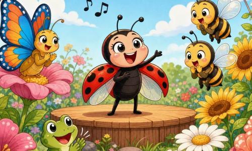 Lila, petite coccinelle rouge à points noirs, chante fièrement sur une estrade en bois, ailes légèrement déployées, tandis qu’un papillon bleu et orange à gauche applaudit perché sur une fleur, deux abeilles jaunes et noires à droite volent au-dessus des marguerites, une petite grenouille verte au premier plan applaudit depuis une feuille ; le jardin lumineux aux herbes vertes, grandes fleurs roses, tournesols jaunes et guirlandes de lumières sous un ciel bleu avec quelques nuages offre une ambiance chaleureuse et pastel, traits ronds et doux, scène claire et accueillante pour les enfants centrée sur un joyeux concours de chant.