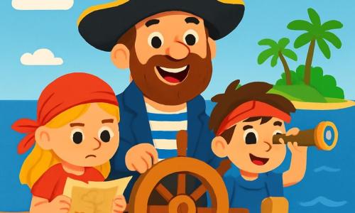Un homme pirate, le capitaine Milo, sourit avec enthousiasme. Il a une barbe brune et porte une chemise rayée bleue et blanche, ainsi qu'un pantalon en cuir. Il tient la barre de son bateau, les yeux pétillants d'aventure. À ses côtés, deux jeunes pirates, une fille de 8 ans avec de longs cheveux blonds et un bandana rouge, et un garçon de 7 ans avec des cheveux bruns en bataille et un sourire malicieux, tiennent une carte et un petit télescope. Le bateau navigue sur une mer calme vers une île verdoyante entourée de palmiers et de plages dorées, remplis d'excitation et d'anticipation pour découvrir des trésors cachés.