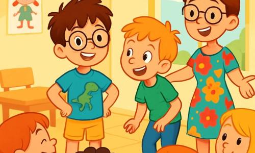 Il y a trois personnages : Paul, un garçon de 8 ans avec des cheveux bruns en bataille et des lunettes rondes, portant un t-shirt bleu avec un dinosaure et un short jaune, se tient au centre, souriant fièrement. Max, également âgé de 8 ans, a des cheveux blonds et des taches de rousseur, il est vêtu d'un t-shirt vert et d'un pantalon en jean, penché en avant, prêt à raconter une histoire. Madame Lucie, une femme adulte avec des cheveux châtains en chignon, porte une robe à fleurs et des lunettes, se tient à côté d'eux, les bras ouverts et souriante. La scène se déroule dans une salle de classe lumineuse aux murs jaunes pastel, décorée de dessins d'enfants et avec des tables en cercle. Paul et Max partagent leurs histoires avec leurs camarades, Paul racontant une anecdote sur la vérité, tandis que Max écoute attentivement. Les autres enfants, captivés, rient ou réfléchissent, profitant de l'ambiance joyeuse de la classe.