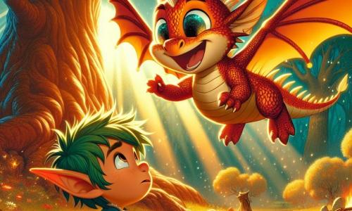 Un petit dragon nommé Flamme, avec des écailles rouges et or, vole joyeusement vers un grand chêne majestueux. À côté, un lutin nommé Léo, aux oreilles pointues et aux cheveux verts en désordre, est assis par terre, triste et inquiet. La scène se déroule dans une forêt enchantée, baignée de lumière dorée, avec des arbres épais et des fleurs colorées. Flamme s'approche de Léo pour lui offrir son aide et apporter de la joie.