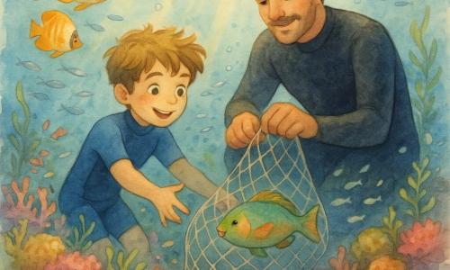 Un garçon de 8 ans, joyeux, cheveux châtain clair en bataille, yeux rieurs, en petite combinaison de plongée bleue, tend la main pour libérer un poisson pris dans un filet pendant que son oncle Max, ~40 ans, barbu léger, peau hâlée, en grande combinaison noire, accroupi derrière lui, manipule le filet avec précaution; poissons colorés (papillons orange, perroquets verts, bancs argentés) nagent autour d'un récif riche de coraux roses, violets et jaunes, anémones et algues, sous des rayons de soleil dorés et bulles; ambiance chaleureuse et aventureuse, style aquarelle douce aux contours légers et palette lumineuse.