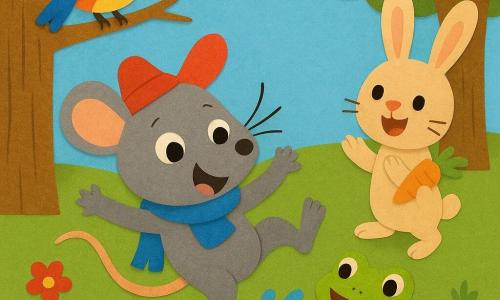 Un petit rat gris aux yeux ronds et moustaches fines, joyeux et un peu surpris, porte un chapeau rouge et une écharpe bleue et tombe en faisant une pirouette comique ; à côté, une grenouille verte éclabousse dans une flaque, un lapin beige aux grandes oreilles tient une carotte orange et applaudit en sautillant derrière, et un oiseau jaune et bleu perché sur une branche basse chante en regardant le groupe ; la scène se déroule dans une clairière ensoleillée avec herbe verte, fleurs rouges et blanches, une grosse pierre et des arbres, ambiance ludique et lumineuse, couleurs saturées, formes simples, textures papier et ombres douces, composition centrée sur la chute du rat.