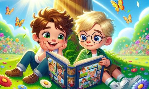 Dans un parc ensoleillé, deux garçons, Max et Léo, sont assis sous un grand arbre. Max, 10 ans, avec des cheveux bruns en bataille, sourit en tenant un album coloré, tandis que Léo, 9 ans, aux cheveux blonds et lunettes rondes, regarde l'album avec un sourire nostalgique. Le parc est rempli de fleurs, de rires d'enfants et d'un ciel bleu. Ils feuillettent leur album, se remémorant des moments avec le grand-père de Léo. Léo, un peu triste mais réconforté par Max, partage ses souvenirs pendant que Max l'écoute attentivement.