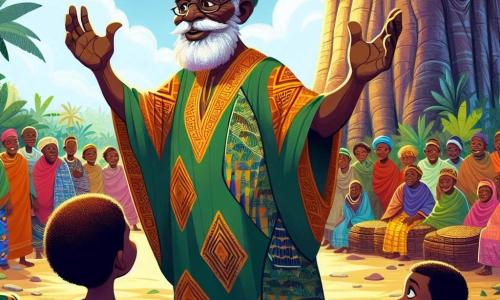 Au centre de l'image, Aboubakar, un homme d'environ 60 ans, se tient sous un grand baobab. Il a une barbe poivre et sel et porte une tunique colorée. Son visage exprime détermination et chaleur, tandis qu'il lève les bras pour rassembler les villageois. À ses côtés, Samba, un garçon de 10 ans, regarde Aboubakar avec admiration, tenant un cerf-volant coloré. En arrière-plan, plusieurs villageois se rassemblent autour d'une grande table en bois, ornée de plats traditionnels. Les couleurs vives des vêtements contrastent avec le vert de la forêt et le ciel bleu. La scène illustre l'appel d'Aboubakar aux familles Djembe et Tamba pour un banquet de réconciliation, symbolisant l'harmonie retrouvée au sein du village de Karamoko.
