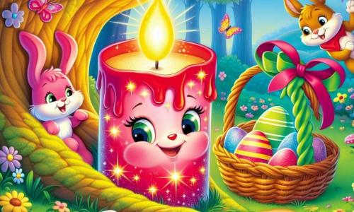 Au centre de l'image, Luminou, une bougie joyeuse aux couleurs éclatantes de rose et rouge, brille tandis qu'il cherche des œufs de Pâques disparus. À ses côtés, Bolinou, un panier en osier souriant rempli de chocolats, regarde autour de lui avec curiosité. Rubanette, une guirlande en satin vert, s'enroule autour d'une branche d'arbre, prête à aider ses amis. Le décor est un jardin enchanteur avec des fleurs colorées, des papillons et un vieux chêne, sous lequel se cache un lapin de jardin observant la scène. Luminou et ses amis scrutent le sol à la recherche d'indices, tandis que le lapin, un peu timide, émerge de sa cachette.