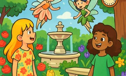 Quatre personnages sont présents : Élise, une fille de 10 ans aux cheveux dorés et à la robe à fleurs, émerveillée par le jardin ; Sarah, également âgée de 10 ans, avec des cheveux bruns et une tunique verte, admirant le lieu ; Lilia, une petite fée aux ailes translucides et à la robe de pétales, flottant au-dessus d'elles ; et Myrtille, une autre fée avec des ailes scintillantes et une robe de feuilles, regardant les filles avec bienveillance. Le jardin est magique, rempli de fleurs éclatantes et d'une fontaine de pierre au centre. Élise et Sarah découvrent ce lieu enchanté, accueillies par les fées, prêtes à écouter les histoires du jardin.