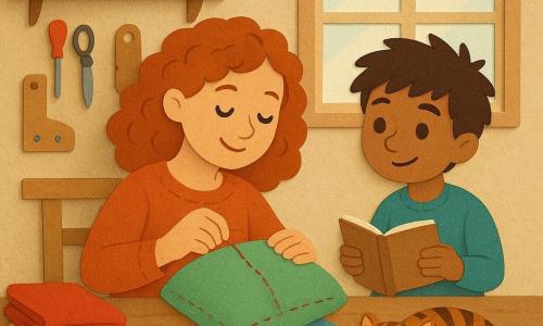 Lila, une jeune femme aux cheveux bouclés et roux, sourit avec douceur, ses yeux pétillants de curiosité. Elle est assise à une table d'atelier, entourée de tissus colorés et de boutons, concentrée sur un coussin qu'elle coud avec soin. Noé, un garçon de 7 ans aux cheveux bruns ébouriffés, observe avec fascination, debout à côté de Lila, tenant un carnet de croquis. Biscotte, un chat tigré, est allongé sur un morceau de tissu polaire, ses yeux mi-clos, ronronnant paisiblement. L'atelier est une pièce chaleureuse, avec des étagères remplies de boîtes colorées, des outils suspendus et une grande fenêtre laissant entrer la lumière du matin. La scène montre Lila et Noé en train de finaliser leur invention-câlin du matin, une ambiance de créativité et de complicité flottant dans l'air.